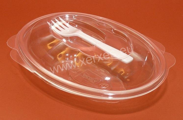 miska transparentní_s víkem a plastovou vidličkou